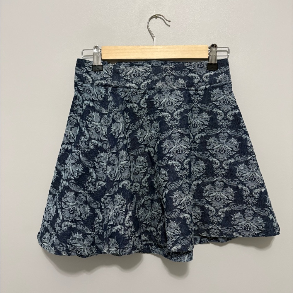 Fifty Street Blue Cotton Blend Denim Floral A-Line Flounce Skirt